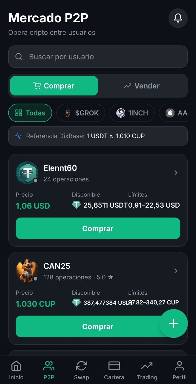 Mercado P2P en la aplicación DixBase