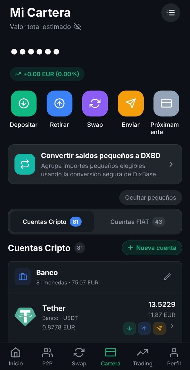 Activos disponibles en la billetera móvil de DixBase